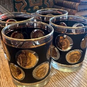 mid century modern Blk/Gold Vintage Coin Glass lowball Tumblers - Set of 4